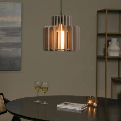 Hängelampe Rollo, taupe, Ø 40 cm, Stoff/Metall/Glas
