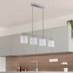 Hängelampe Tommy, nickel/weiß, Länge 75 cm, 4-flg., Stoff