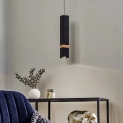 Hängelampe Vidar, schwarz mit Holzdetail 1-flammig