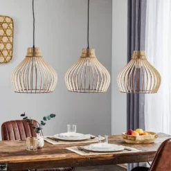 Hängeleuchte Barrel mit Holzschirmen, 3-fl. lang
