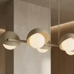 Hängeleuchte BOOM, beige, Länge 88 cm, 6-flg., Metall/Glas