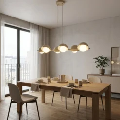 Hängeleuchte BOOM, beige, Länge 88 cm, 6-flg., Metall/Glas
