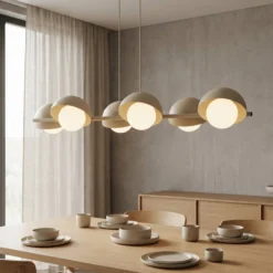 Hängeleuchte BOOM, beige, Länge 88 cm, 6-flg., Metall/Glas