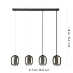 Hängeleuchte Ciampino, schwarz/grau, 4-flg., Glas