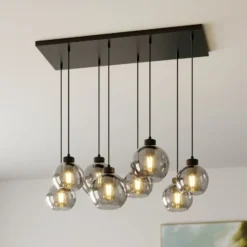 Hängeleuchte Cubus, 95 cm lang, 8-flammig, rauchgrau, Glas