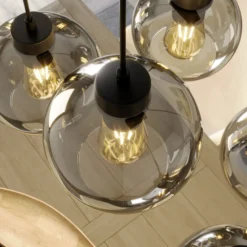 Hängeleuchte Cubus, 95 cm lang, 8-flammig, rauchgrau, Glas
