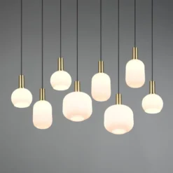 Hängeleuchte Diva, 8-fl., messingfarben, opal, Metall, Glas
