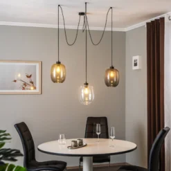Hängeleuchte Elio, Glas, braun/klar/grau, 3-flg., dezentral