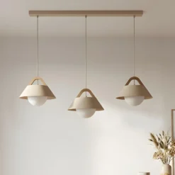 Hängeleuchte Funda, beige, Länge 110 cm, 3-flg., Metall/Glas
