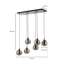Hängeleuchte Glassy, 6-flammig, schwarz, grafit, Glas, 75 cm