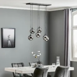 Hängeleuchte Glassy, 6-flammig, schwarz, grafit, Glas, 75 cm