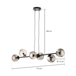 Hängeleuchte Glassy, 6-flammig, schwarz, grafit, Glas, 110cm