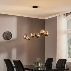 Hängeleuchte Glassy, 6-flammig, schwarz, grafit, Glas, 110cm