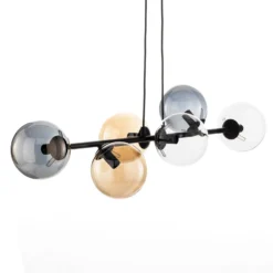 Hängeleuchte Glassy, 6-flg., grafit/amber/klar, Glas, 110 cm