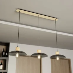 Hängeleuchte Kobe, dreiflammig, Stahl, Holz, schwarz