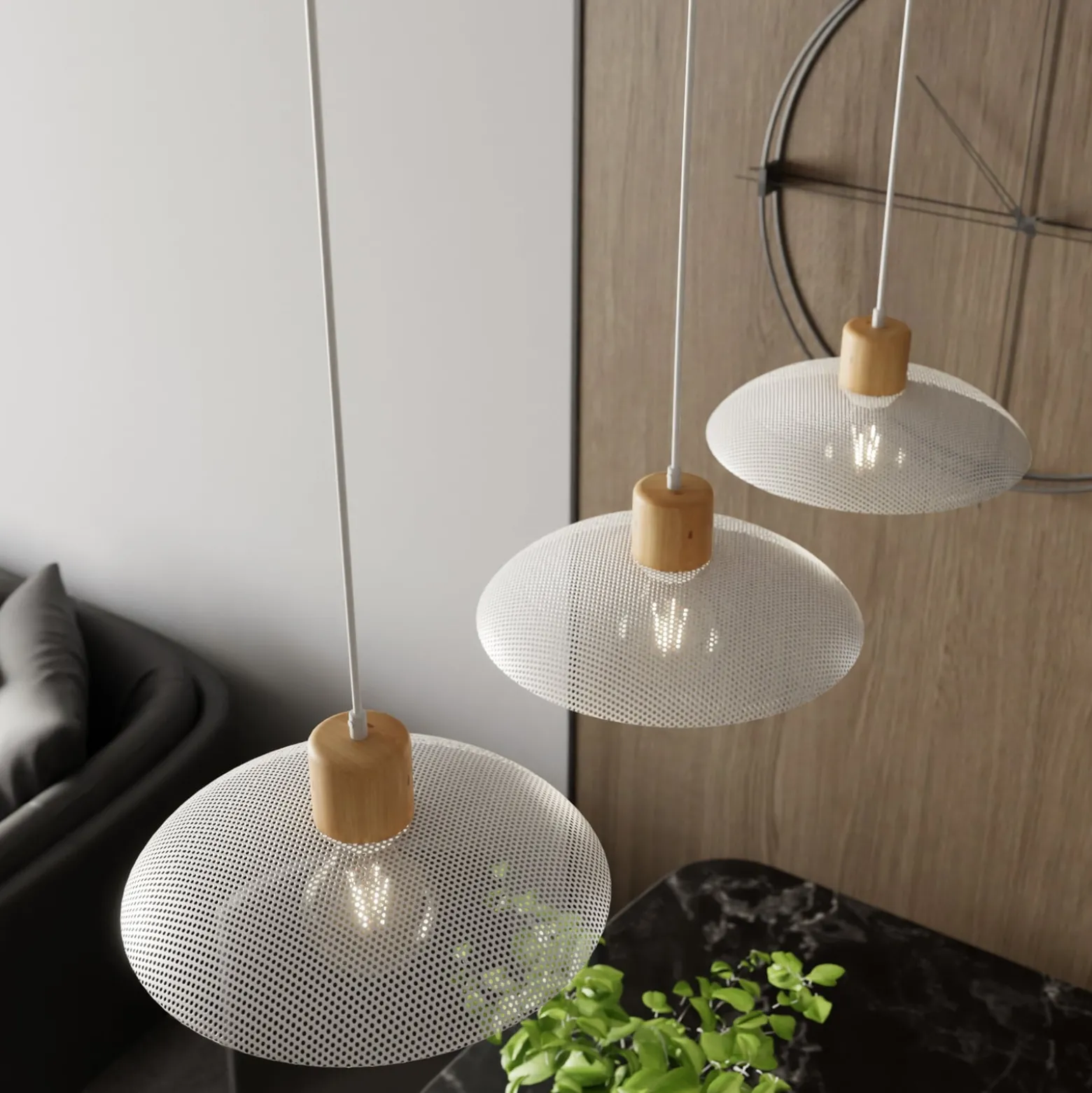Hängeleuchte Kobe, dreiflammig, Stahl, Holz, weiß