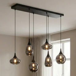 Hängeleuchte Lumina, 6-flammig, schwarz/chrom, Glas