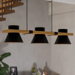Hängeleuchte Maccles in Schwarz mit Holz, 3-fl.