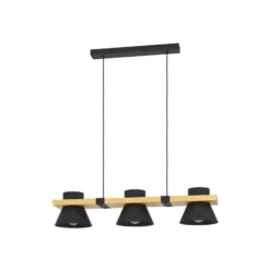 Hängeleuchte Maccles in Schwarz mit Holz, 3-fl.