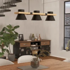 Hängeleuchte Maccles in Schwarz mit Holz, 3-fl.