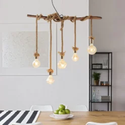 Hängeleuchte Rope, fünfflammig, aus Holz und Jute