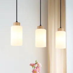 Hängeleuchte Rowena, holz hell/weiß, Glas, 3-flammig, E27