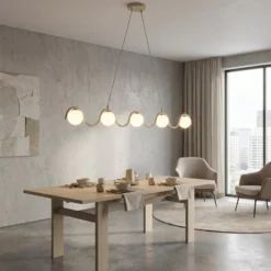 Hängeleuchte SINUS, beige, Länge 110 cm, 5-flg., Metall/Glas