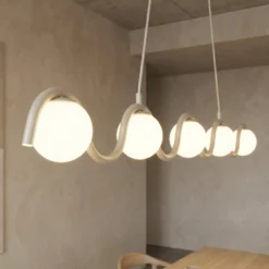 Hängeleuchte SINUS, beige, Länge 110 cm, 5-flg., Metall/Glas