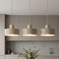 Hängeleuchte Torin, beige, Länge 80 cm, 3-flg., Metall/Holz