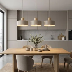 Hängeleuchte Torin, beige, Länge 80 cm, 3-flg., Metall/Holz