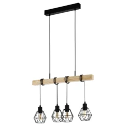 Hängeleuchte Townshend, Länge 70 cm, schwarz/eiche, 4-flg.