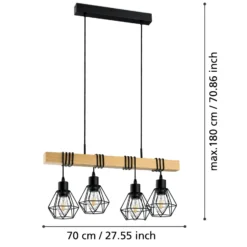 Hängeleuchte Townshend, Länge 70 cm, schwarz/eiche, 4-flg.