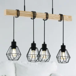 Hängeleuchte Townshend, Länge 70 cm, schwarz/eiche, 4-flg.