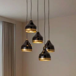 Hängeleuchte Yildo, 5-flammig, Rondell, schwarz/gold, Ø43 cm