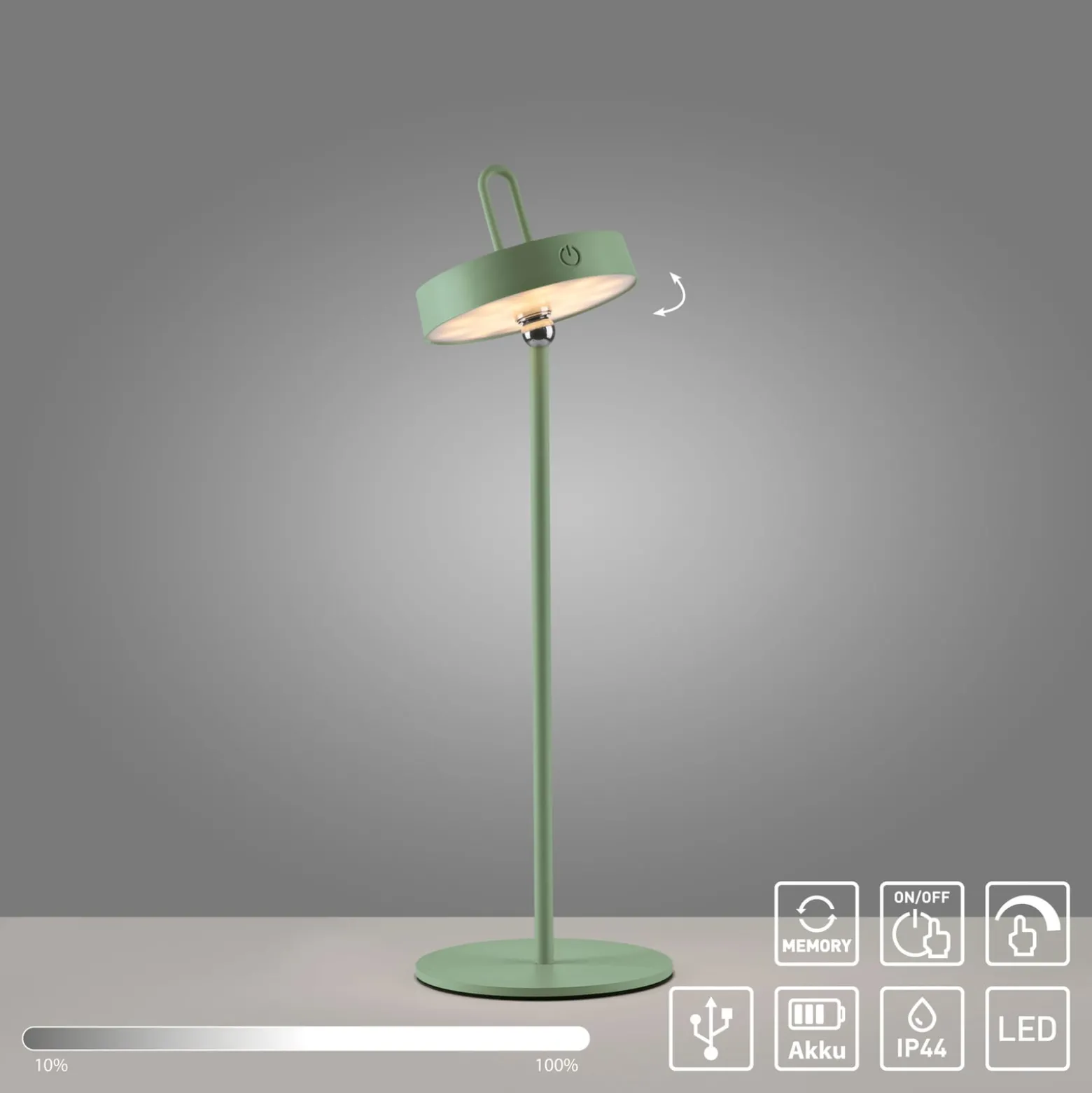 JUST LIGHT. LED-Akku-Tischleuchte Amag, grün, Eisen, IP44