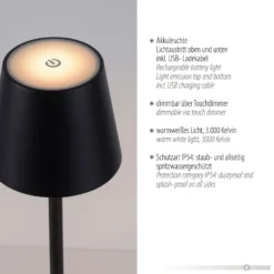 JUST LIGHT. LED-Akku-Tischleuchte Euria, schwarz, Eisen IP54