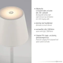 JUST LIGHT. LED-Akku-Tischleuchte Euria, weiß, Eisen, IP54