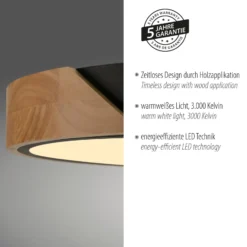JUST LIGHT. LED-Deckenleuchte Bila, schwarz, Ø 32 cm, Holz