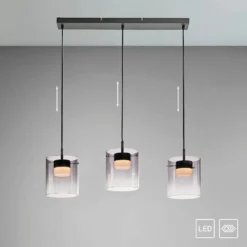 JUST LIGHT. LED-Hängeleuchte Elio, Rauchglas, 3-fl., schwarz