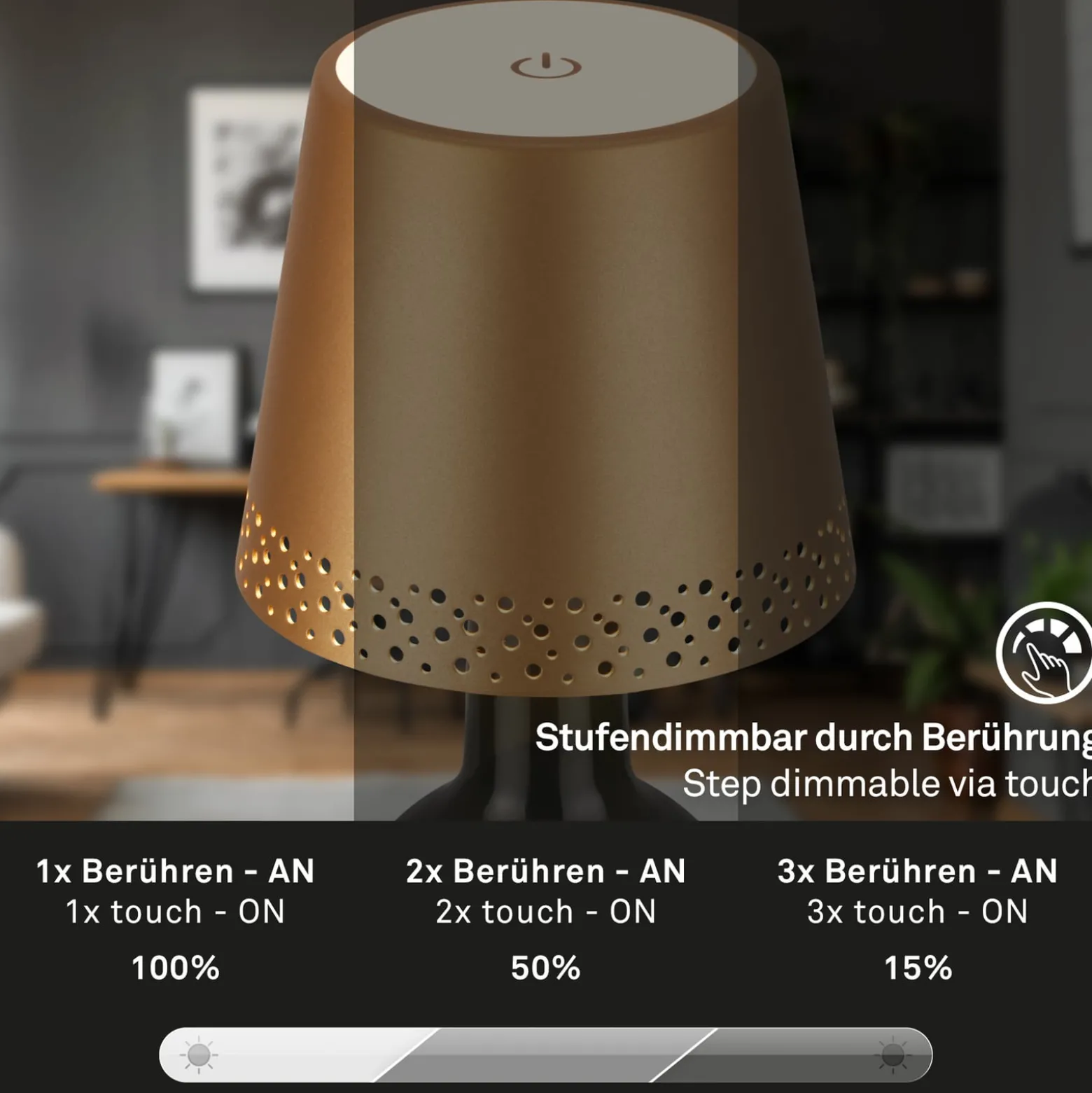 LED-Akku-Flaschenlicht IP44 mit Dimmer, gold