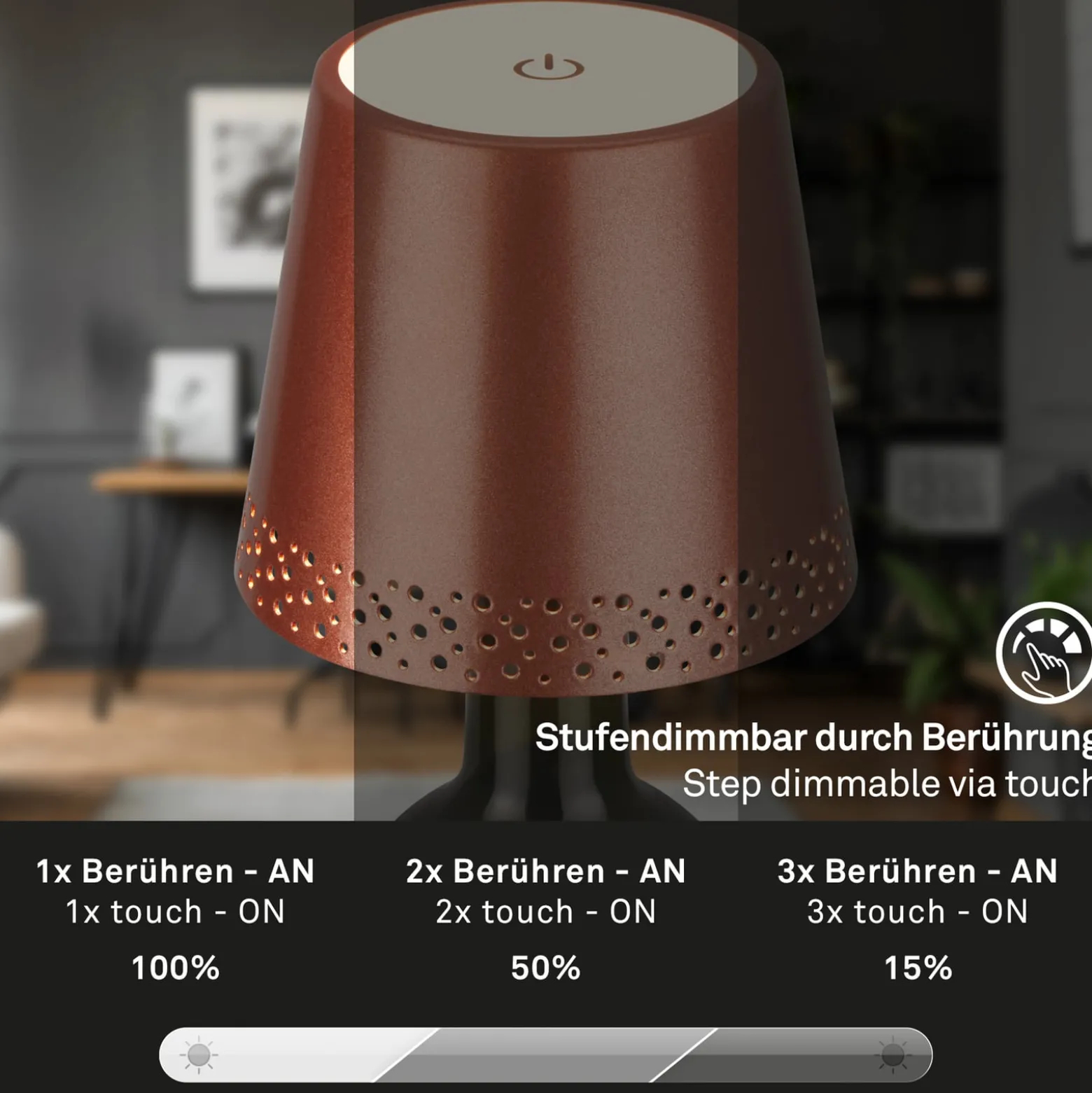 LED-Akku-Flaschenlicht IP44 mit Dimmer, kupfer