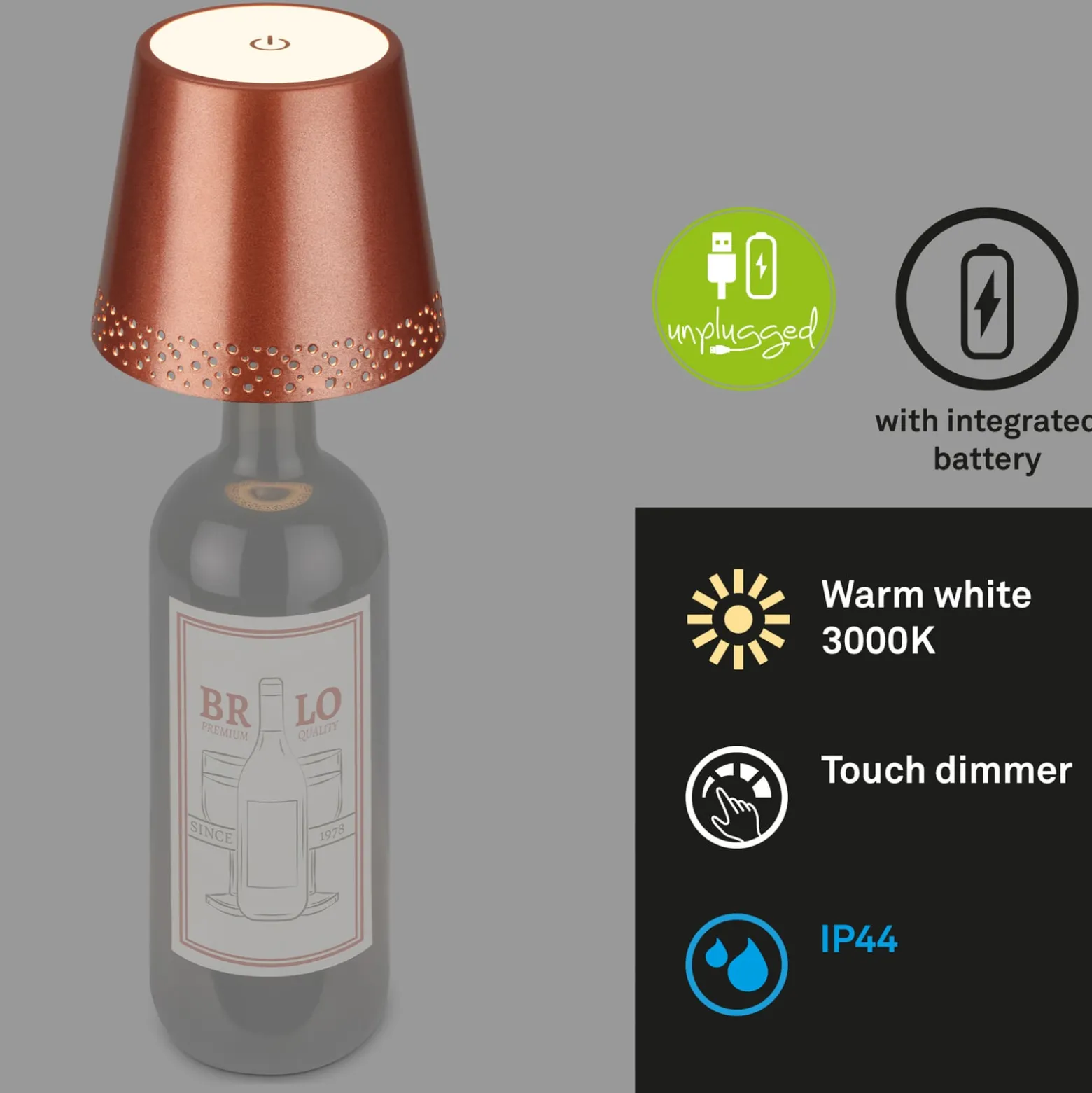 LED-Akku-Flaschenlicht IP44 mit Dimmer, kupfer