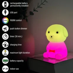 LED-Akku-Nachttischleuchte Puppy, Hund, weiß, RGB, dimmbar