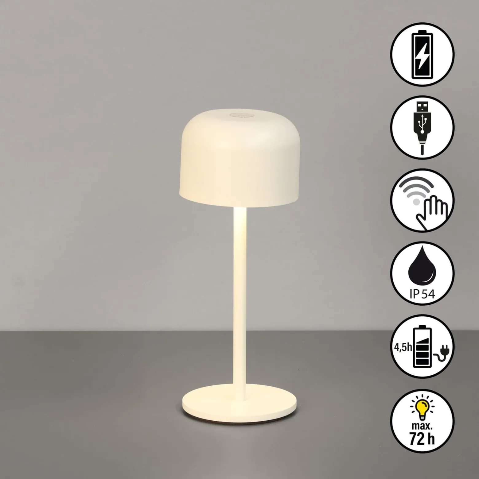 LED-Akku-Tischlampe Finley sandbeige Höhe 22 cm Metall, IP54