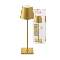 LED-Akkutischlampe Nuindie, USB-C, gold, IP54, dimmbar