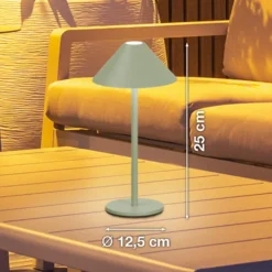 LED-Akku-Tischlampe Prato, salbeigrün Höhe 25 cm Metall IP54