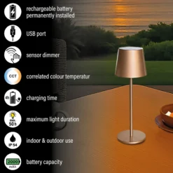 LED-Akku-Tischlampe Roxi, coffeefarben, Metall, IP54, Dimmer