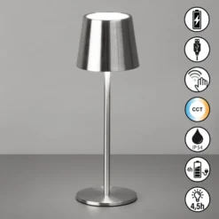 LED-Akku-Tischlampe Roxi, nickelfarben, Metall, IP54, Dimmer