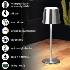 LED-Akku-Tischlampe Roxi, nickelfarben, Metall, IP54, Dimmer