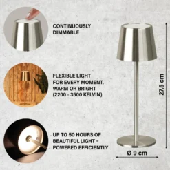 LED-Akku-Tischlampe Roxi, nickelfarben, Metall, IP54, Dimmer